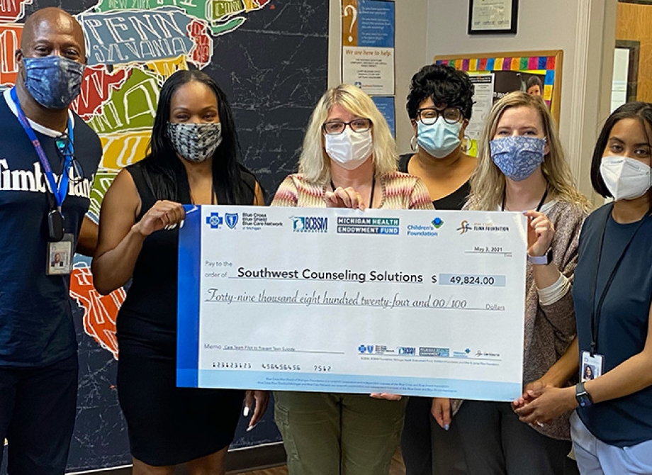 Staff members in Southwest Solutions’ Children, Youth and Families division celebrate a $50K grant award to implement an innovative and effective suicide-prevention model. Left to right: Anthony Graham, Marquita Felder, Susan Wiley, Gwenneth Marshall, Laura Dick, and Cieara Edwards.