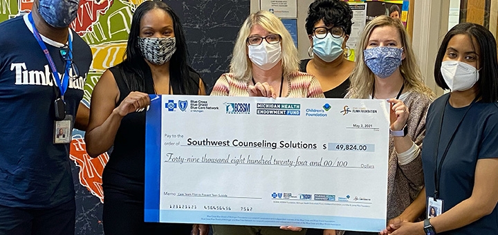 Staff members in Southwest Solutions’ Children, Youth and Families division celebrate a $50K grant award to implement an innovative and effective suicide-prevention model. Left to right: Anthony Graham, Marquita Felder, Susan Wiley, Gwenneth Marshall, Laura Dick, and Cieara Edwards.