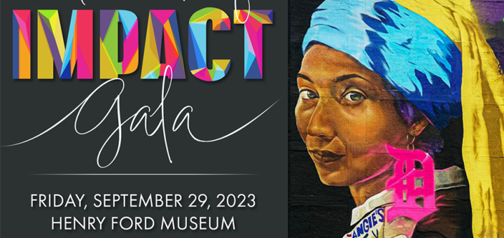Celebration of Impact 2023: Mural of a woman with a D earring. Info about Gala